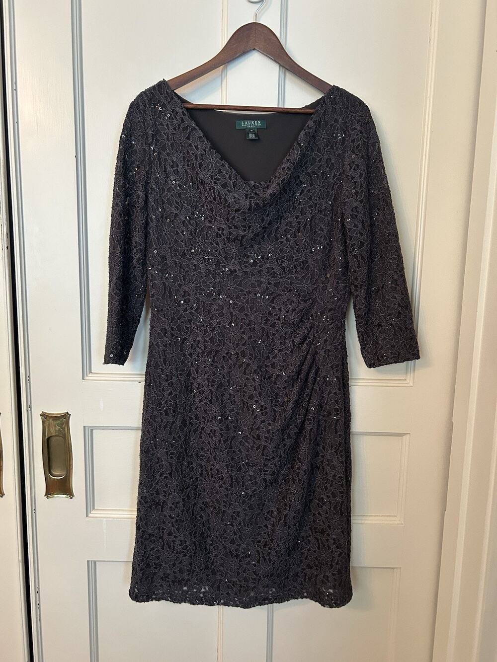 Lauren Ralph Lauren Lace Sequin Ruched Sheath Dress Womens Size 16 Charcoal